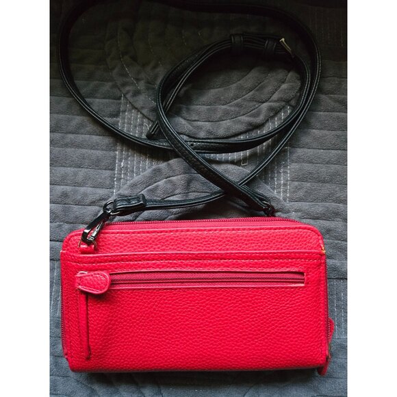 Buxton Red Vegan Leather Zip Around RFID Wallet w/Black Strap - Picture 2 of 9